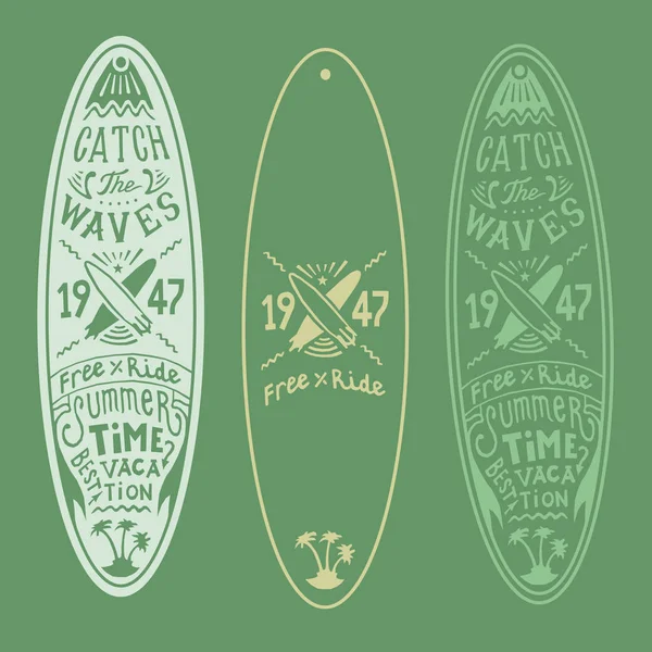 Vector surf tablero cartel letras logotipo dibujo a mano, impresión color verde y amarillo — Archivo Imágenes Vectoriales