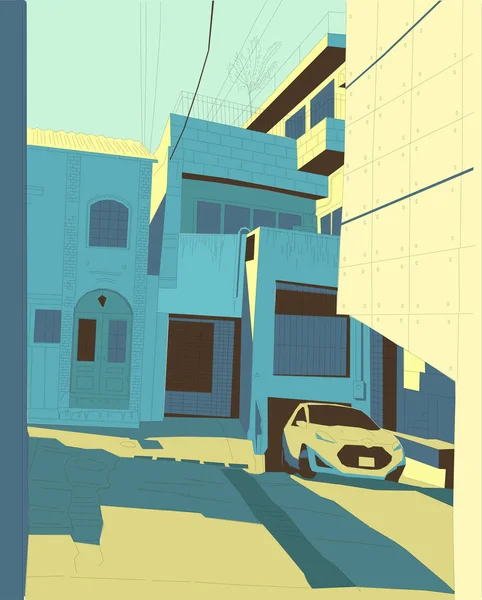 Tokio patio, ilustración de vector de color, coche en el viejo patio japonés manga estilo fondo azul y amarillo colores — Archivo Imágenes Vectoriales