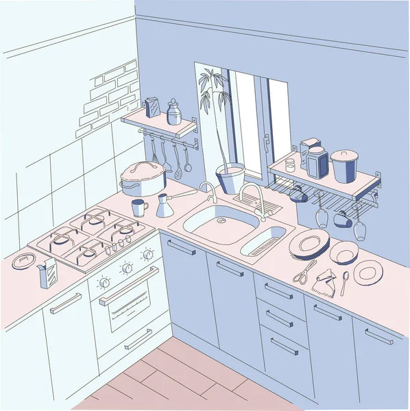 Cocina, anime estilo de fondo, color azul y rosa — Vector de stock