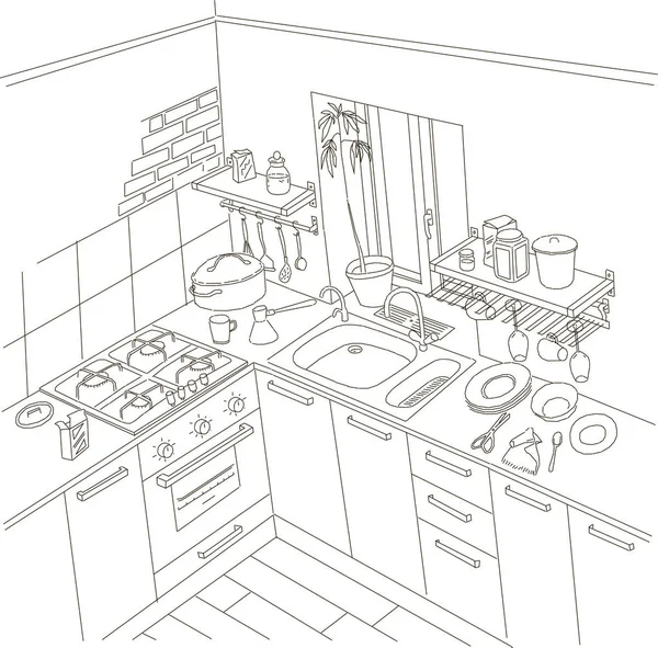 Kitchen, anime gaya latar belakang, garis gambar seni - Stok Vektor