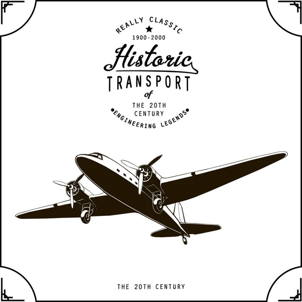 Avión de pasajeros vintage con hélices, dibujo gráfico, vector monograma, en el marco — Vector de stock