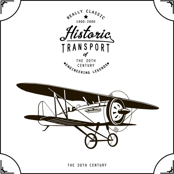Avión viejo negro en biplano vintage del marco con la hélice, dibujo gráfico, vector del monograma, en marco — Vector de stock