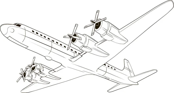 Avion de tourisme vintage vectoriel, art vectoriel, monogramme, isolé, dessin à la main, 4 moteurs, hélice — Image vectorielle