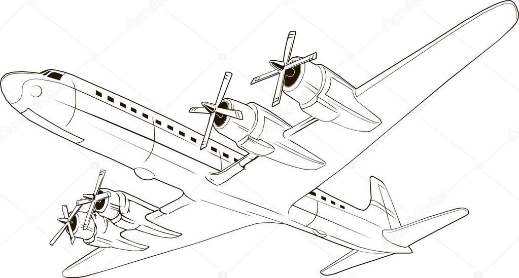 vector vintage passenger airplane, vector art, monogram, isolated, hand drawing, 4 engine, propeller
