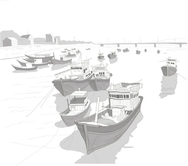 Rybářské lodě na řece Kai, krajina, skica, černá a bílá — Stockový vektor