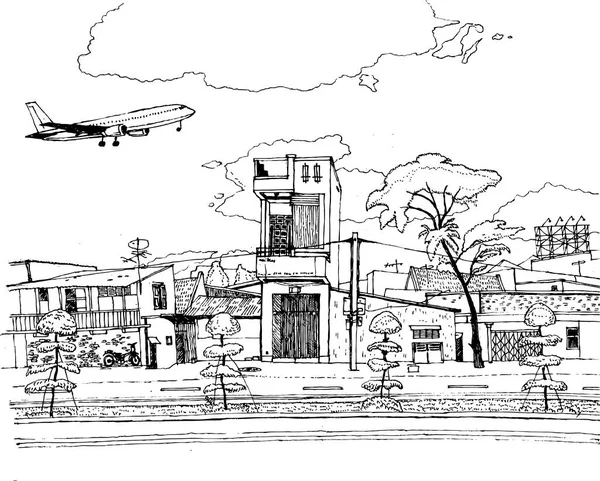 Avión de pasajeros vuela sobre la ciudad, horario, bosquejo, este — Archivo Imágenes Vectoriales