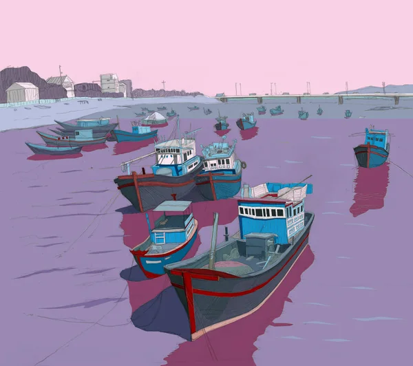Fiskebåtar på floden Kai, landskap, skiss, rosa gamma färg — Stockfoto