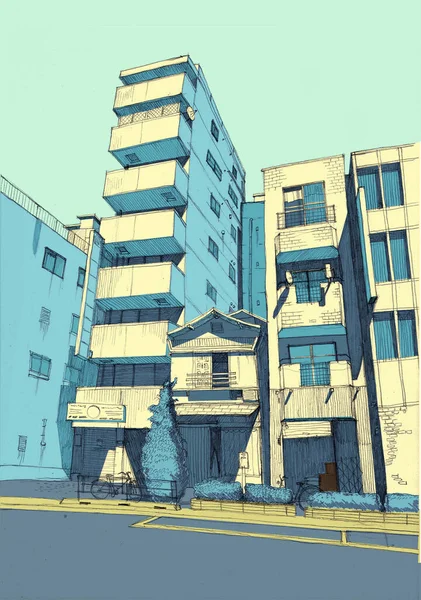 Tokio paisaje urbano ilustración mano arte pensamiento y colores —  Fotos de Stock