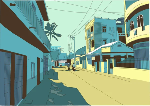 Pequeña calle, Vietnam, gente en ciclomotores, boceto, colores azul y amarillo — Vector de stock