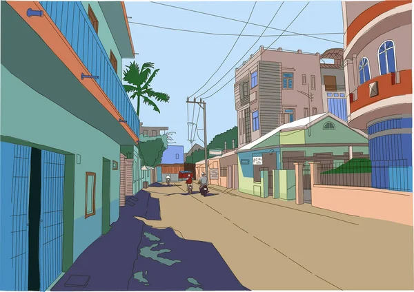 Pequeña calle, Vietnam, gente en ciclomotores, boceto, colores completos — Archivo Imágenes Vectoriales