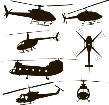 Helikopterler, siluetler, dört model seti, vektör çizimi, simge, sembol, monogram, izole edilmiş, siyah