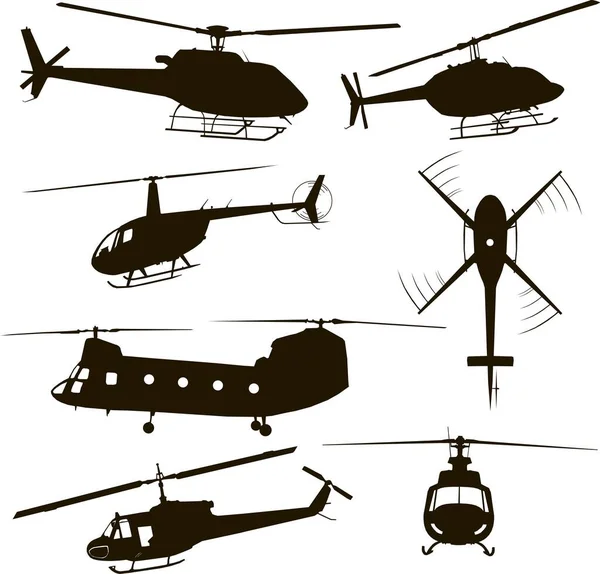 Helicópteros, silueta, conjunto de cuatro modelos, ilustración vectorial, icono, símbolo, monograma, aislado, negro — Archivo Imágenes Vectoriales