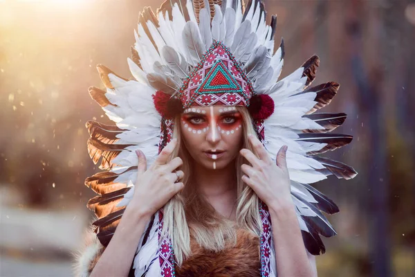 Indyjski Dziewczyna Pięknym Makijażem Lesie Zachodzie Słońca — Zdjęcie stockowe