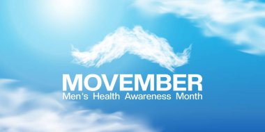 Kasım ayı Ulusal Hareket Ayı 'dır. Bıyık, bulut ve güneş. Posterler, afişler ve sosyal medya için uygun. Mavi arkaplan.