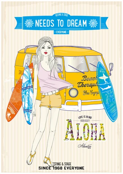 Playa Chica Linda Chica Aventura — Vector de stock