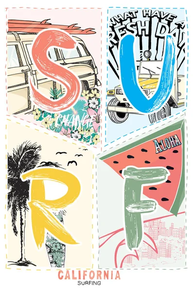 Surf Division Illustrazione Grafica Stampa Tee — Vettoriale Stock