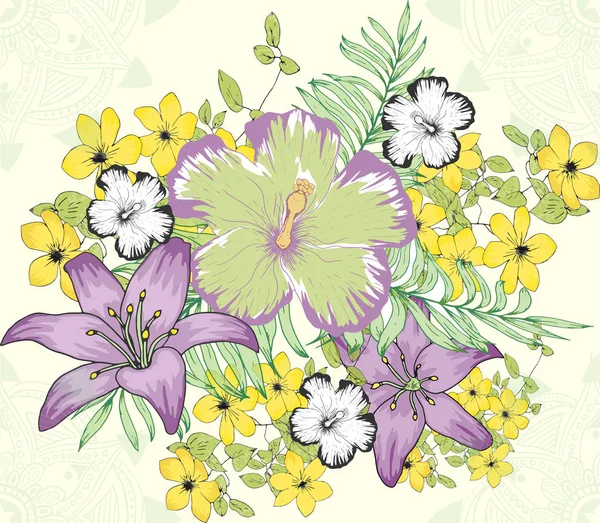 Illustration Vectoriel Dessin Main Fleurs Exotiques Tropicales Plantes Fond Sans — Image vectorielle