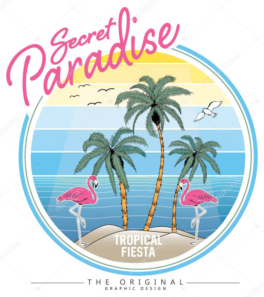 tropical island and flamingos vector illustration graphic for t shirt print