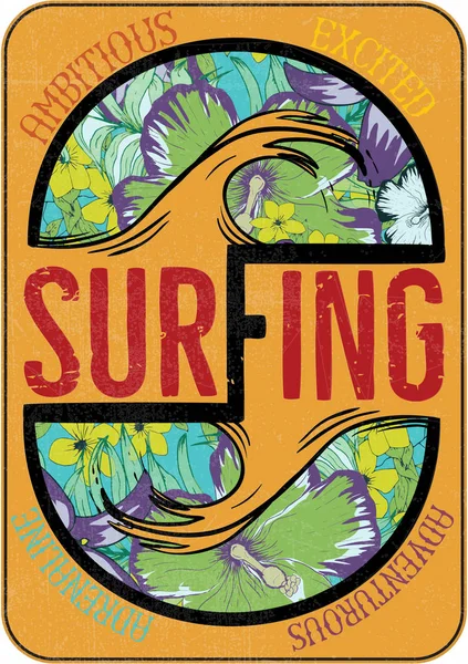 Illustration Handgjorda Ritning Surfing Våg Och Tropisk Design — Stock vektor