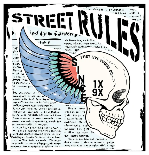 Skull Vector Street Rules Vector Skull Hand Drawing Vector Wings - Stok Vektor
