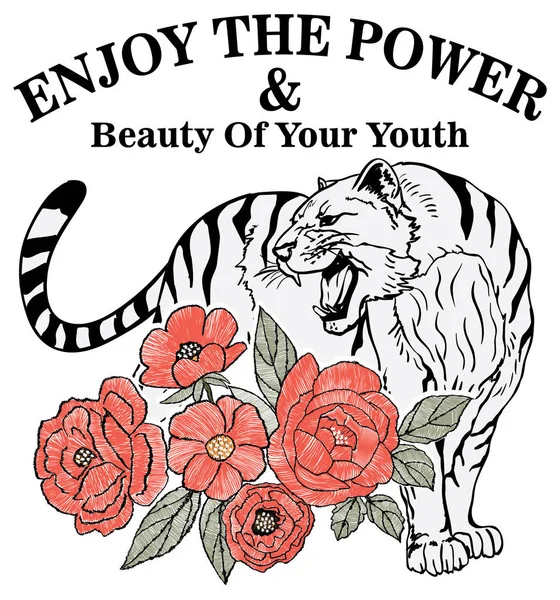 Ricamo Moda Rose Foglie Wild Tigre Grafica Maglietta Shirt Stampa — Vettoriale Stock