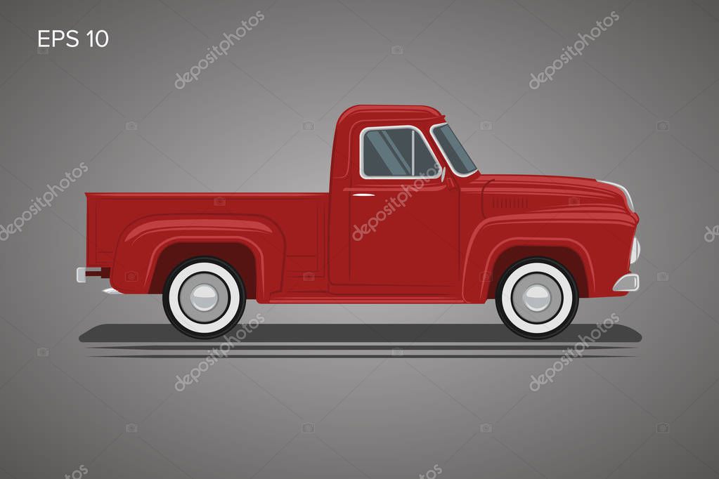 Old retro pickup truck vector illustration. Vintage transport vehicle. Farming workhorse