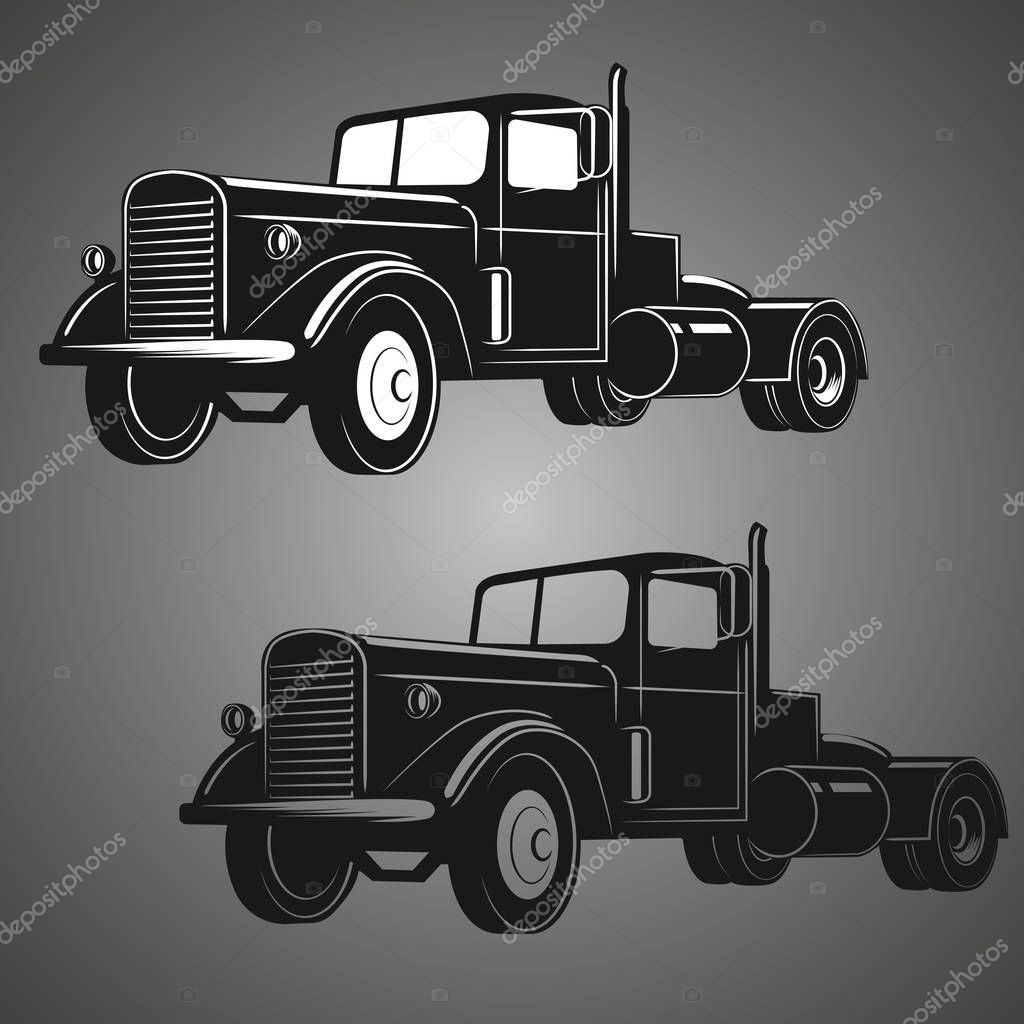 Vintage american truck vector illustration. Retro freighter truck. Cargo delivery machine.