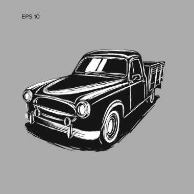 Eski retro çiftçi kamyonet vektör çizim simgesi. Elle çizilmiş illüstrasyon