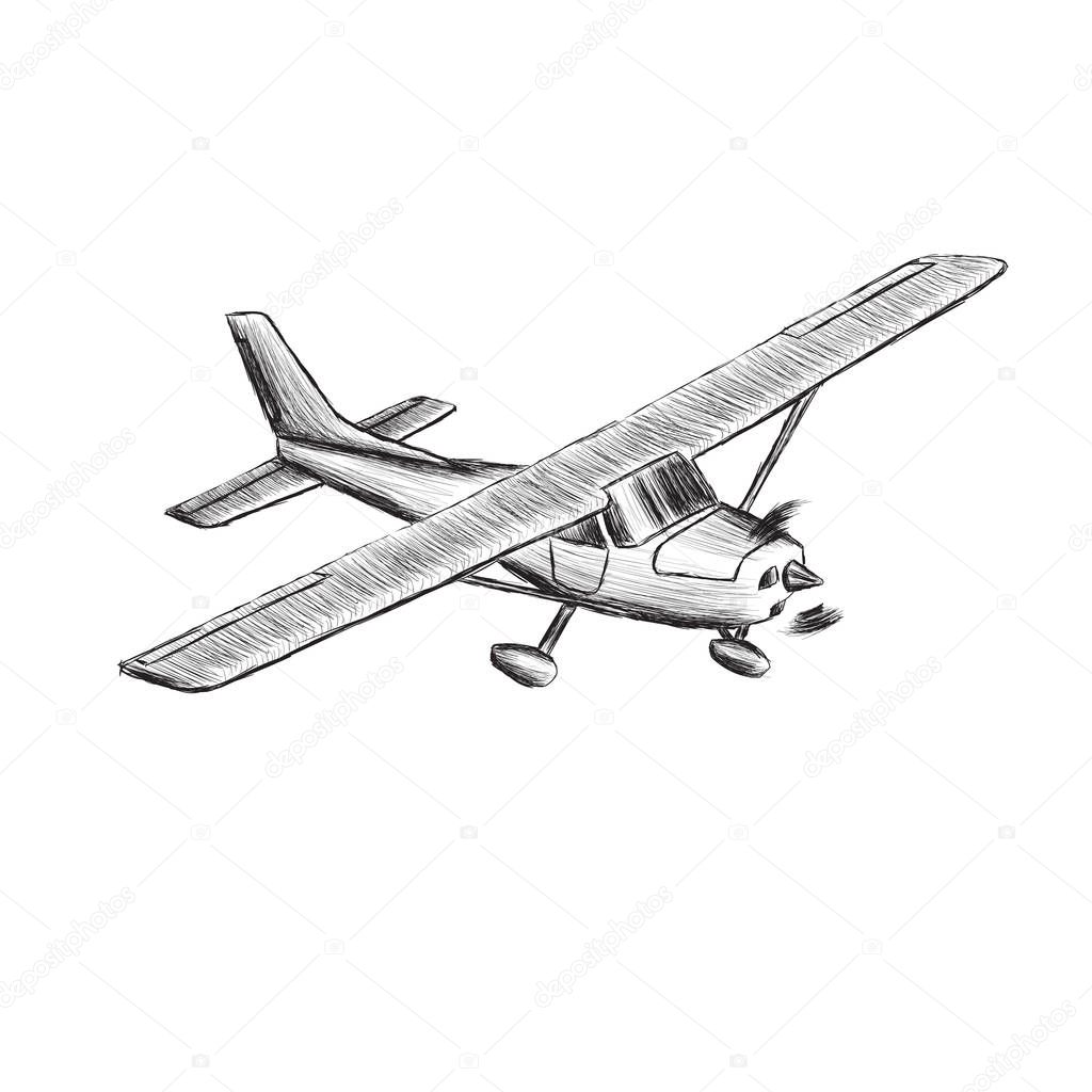 Small plane vector sketch. Hand drawn single engine propelled aircraft. Air tours wehicle.