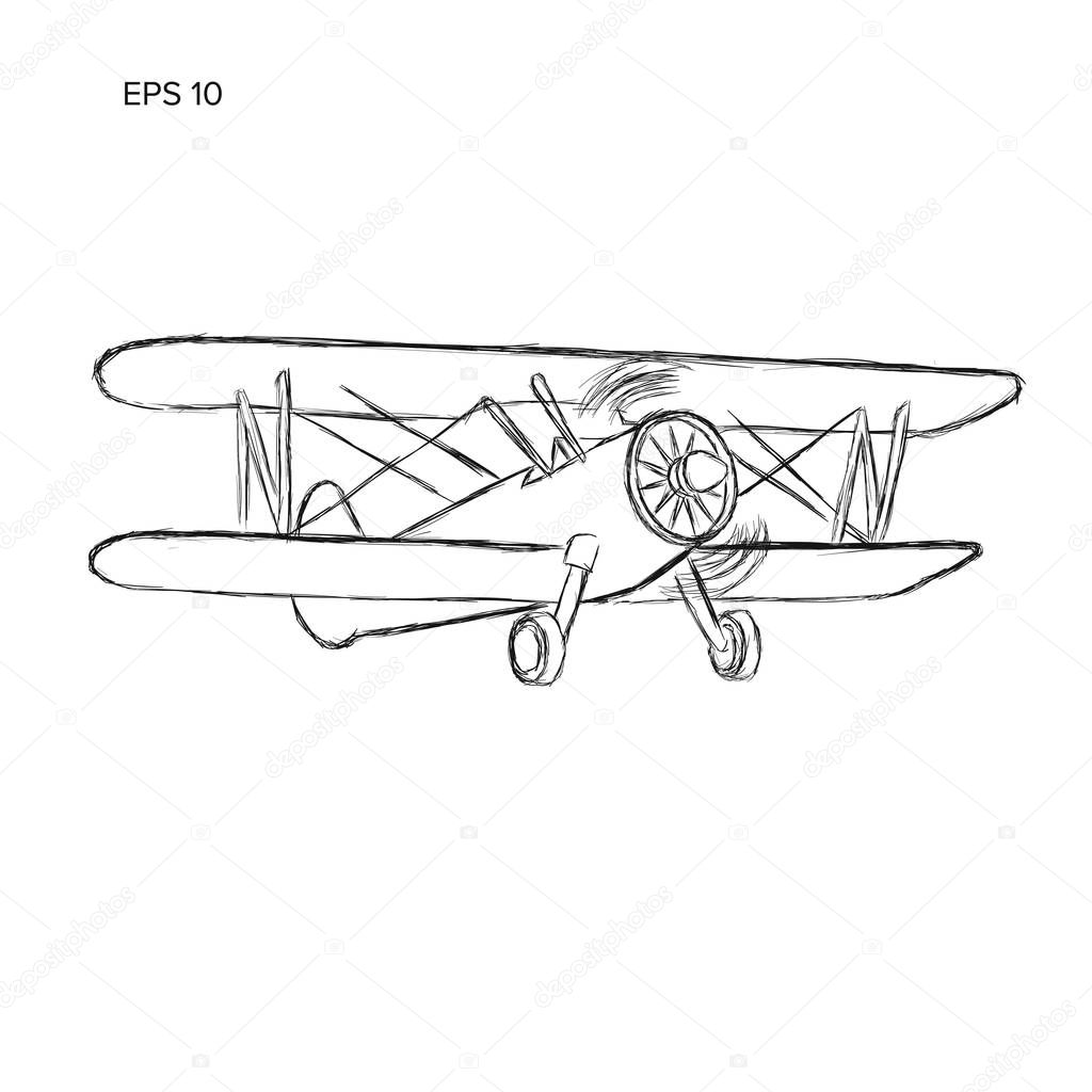 Retro biplane plane vector drawing. Vintage piston engine airplane sketch