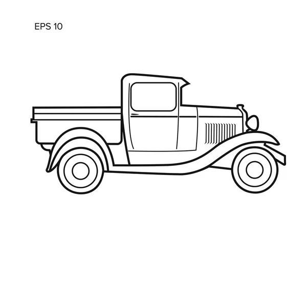 古いレトロなピックアップ トラック ベクトル イラスト。ヴィンテージのトランスポート車両ライン アート — ストックベクタ