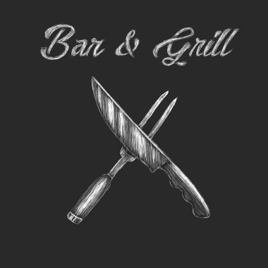 Çatal ve bıçak çizilmiş kroki ver. Mutfak eşyaları çizim vektör