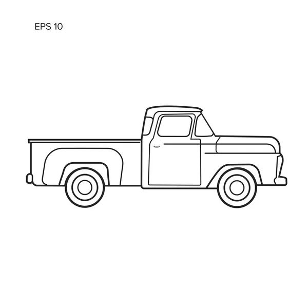 오래 된 레트로 픽업 트럭 벡터 일러스트입니다. 빈티지 교통 차량 라인 아트 — 스톡 벡터