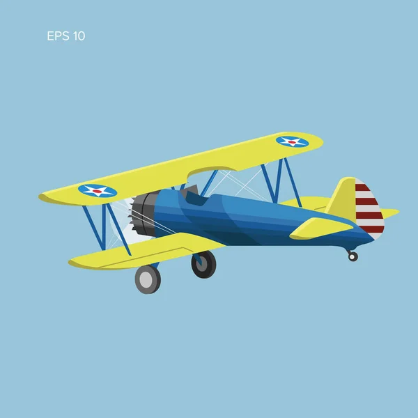 Ilustración vectorial plano retro biplano. Diseño plano del avión de motor de pistón vintage — Vector de stock