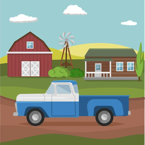 Illustration Vectorielle Ferme Vintage Paysages Campagne Ranch Village — Image vectorielle