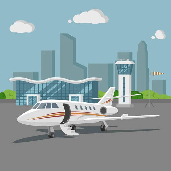 Ilustración vectorial aeropuerto. Paisaje urbano de diseño plano . — Vector de stock