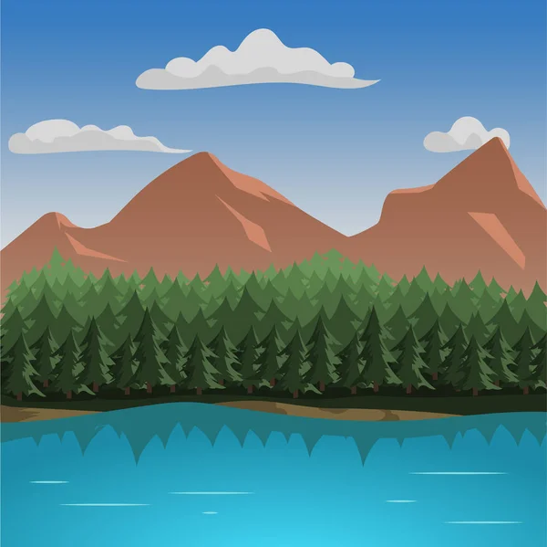 山の空中ビューベクトルイラスト。湖のある山の風景. — ストックベクタ