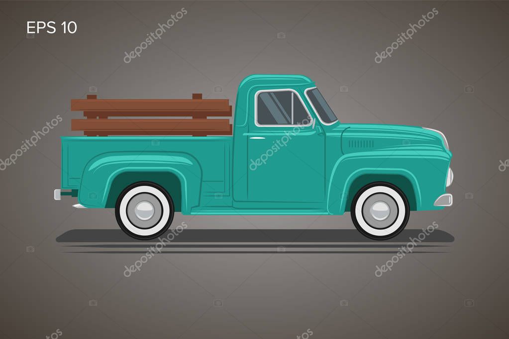 Old retro pickup truck vector illustration. Vintage transport vehicle. Farming workhorse