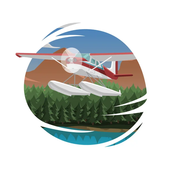 山の空中ビューベクトル図。小さな飛行機で山の風景 — ストックベクタ
