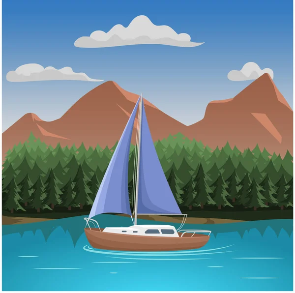 山の空中ビューベクトルイラスト。湖と小さなヨットで山の風景 — ストックベクタ