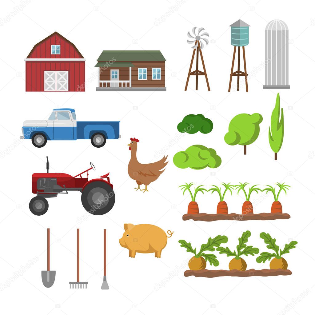 Set of farmer element. Farmer and Farm animals. Vector illustrations