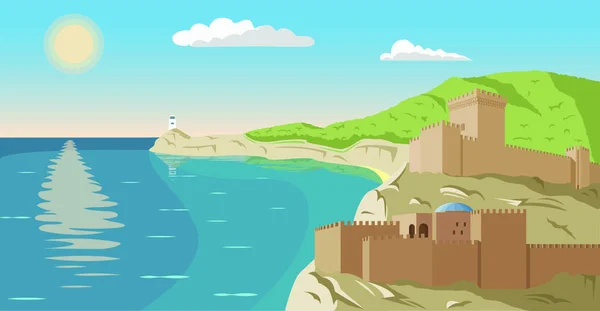 Zee met uitzicht op de kliffen. Oceanside berg vector illustratie. Oude kasteel foto — Stockvector