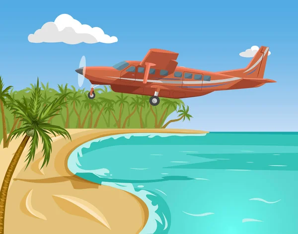 Ilustração do vetor de praia tropical. Imagem da paisagem marinha de verão. avião de aterragem . — Vetor de Stock