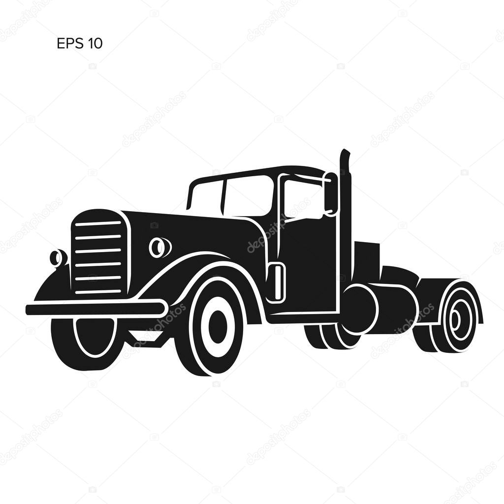 Vintage american truck vector illustration. Retro freighter truck. Cargo delivery machine.