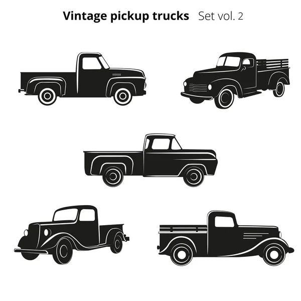 Oude retro pick-up trucks vector illustratie set. Vintage transportvoertuig — Stockvector