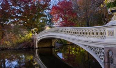Central Park 'taki Bow Köprüsü, New York. Gölü geçiyor ve yaya geçidi olarak kullanılıyor..
