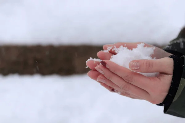 Close Holding Snow Woman Hands Winter Concept Copy Space — стоковое фото