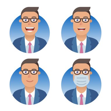 İş avatarları ayarlandı. İş adamı ya da menajer farklı duygular: gülümseme, neşe, kahkaha, özenli hizmet. Mavi takım, gözlükler. Tıbbi maske takan adam COVID-19 salgınından korunuyor..