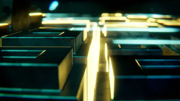 3D Render, muhteşem animasyon. Işıklı Futurisc manzara. Kavram dinamiği ve gerçeküstü