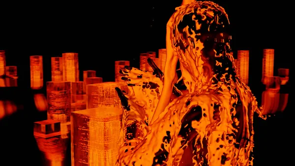 3D çizim, turuncu ışıkların olduğu bir şehirde şehvetli bir kadının üzerine lav sıvısı düşer..